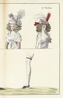 Fichu Prints: Fashionable women's bonnets, fichu and hose, 1790