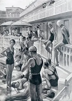Pools Prints: Fashionable young men and women enjoy the relaxed ambience of the swimming pool at Molitor