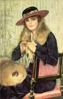 Occasions Collection: Fashionably dressed lady in hat sits waiting in a chair Date: 1910