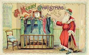 <b class=qtipBold><figcaption>Father Christmas</figcaption></b><br>Father Christmas fills up stockings hanging round the fireplace<br><em>© Mary Evans Picture Library</em> Father Christmas