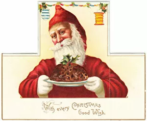 Puddings Gallery: Father Christmas carrying pudding on a Christmas card
