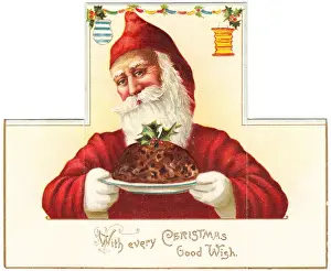 Puddings Prints: Father Christmas carrying pudding on a Christmas card