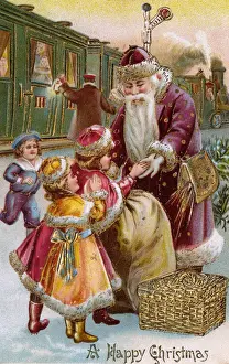 Claus Prints: Father Christmas distributing gifts - children rail station