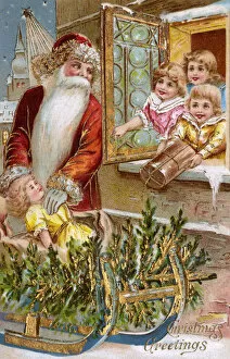 Father Christmas distributing gifts to the town children