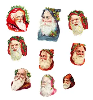Father Christmas heads on nine Victorian scraps