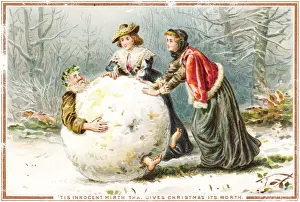 Trapped Prints: Father Christmas in large snowball on a Christmas card