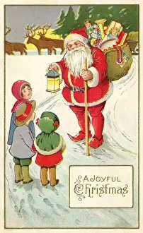 Wintry Prints: Father Christmas meets three little children out in the snow