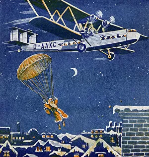 Snowy Collection: Father Christmas parachuting out of a plane