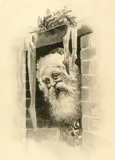 Fire Place Prints: Father Christmas peeking out through the chimney