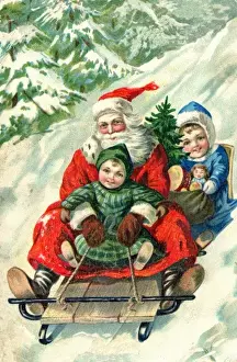 Father Christmas in sledge with children