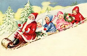 Claus Prints: Father Christmas in a sledge with children