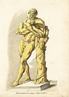 Roman God Prints: Faunus, horned Roman god of the forest, with a child