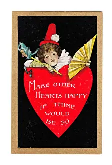 Female clown with red heart on a Valentine postcard