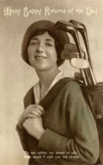 Beret Collection: Female Golfer on Birthday Greetings Postcard