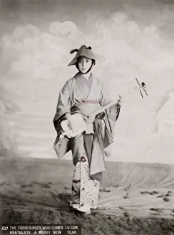 Female street singer with samisen, shamisen, torioi, Japan