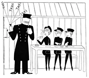 Shelters Prints: Female taxi drivers in cab shelter, WW1 by Annie Fish