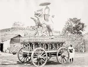 Transportation System Prints: Festival procession car with carved statue, India