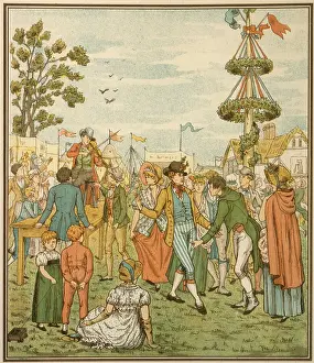 A fiddler plays for the dancers by the maypole on the village green Date: early 19th century