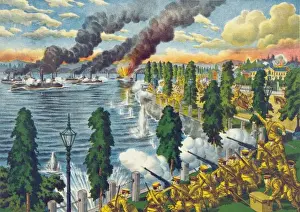 Fighting between the cavalry and the war ships