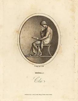 Figure of Clio, Muse of History, seated in a chair, reading a sc