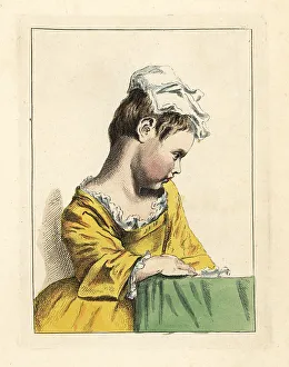 Figure of a girl in linen cap at a table