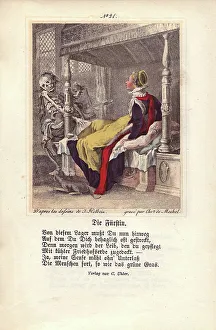 Two figures of Death come for a Duchess sitting up in bed