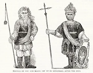 Folklore Prints: Figures of Gog and Magog, guardians set up in the Guilhall, London, after the fire