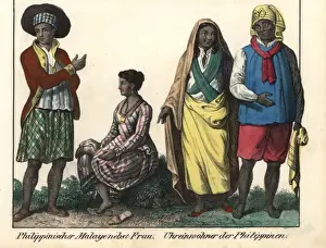 Filipino Malay in scarlet jacket with wife in striped dress