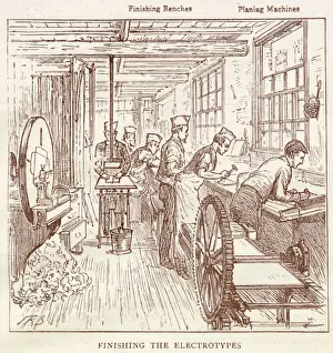 Finising and planing the electrotypes, before the printing can be done. Date: 1881