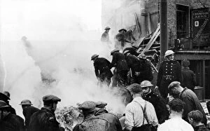 Bombed Gallery: Firefighters in action, Rosebery Avenue, WW2