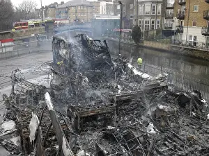 Firefighters attend fire at bus garage