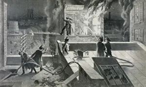 Fire Fighters Prints: Firefighters fighting blaze from city roofs