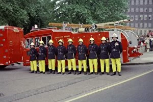 Images Dated 31st May 1977: Firefighters on parade in front of their appliance