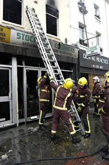 Firefighters at scene of fire, Stockwell Road, Brixton