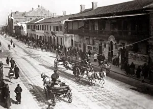 Horse Drawn Gallery: Firemen and horse-drawn ladder, Shanghai, China c.1890