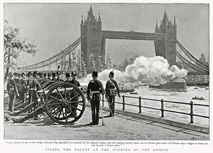 Cannons Prints: Firing the salute at the opening of Tower Bridge, London. Date: 30th June 1894