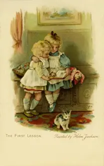 The First Lesson -- sisters with a book