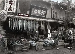 Fish stall, Japan, c. 1880 Vintage late 19th century photograph