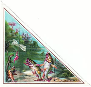Triangular Collection: Fish staring at worm on hook on a triangular Christmas card