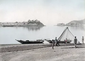 Inland Prints: Fisherman and boat, inland sea, Bingo, Japan, c. 1890 Vintage late 19th century photograph