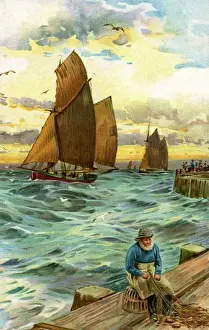 Fisherman repairing nets