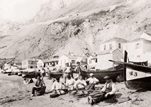 Gibraltar Gallery: Fishermen mending nets, Catalan Bay, Gibraltar, c.1890