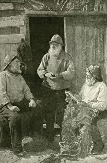 Anglia Gallery: Three fishermen outside their hut, East Anglia, England