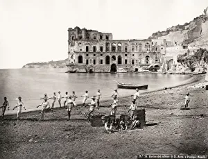 Defensive Structure Prints: Fishermen pulling nets on the shore at Naples, Italy