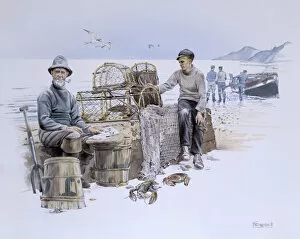 Lobster Collection: Fishermen by the sea with lobster / crab pots