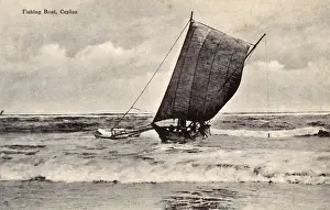 Outrigger Prints: Fishing boat on the sea, Ceylon (Sri Lanka)
