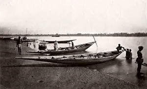 Canoes Prints: Fishing boats, canoes, river bank, India, c. 1880 s