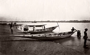 Fishing boats, canoes, river bank, India, c.1880's