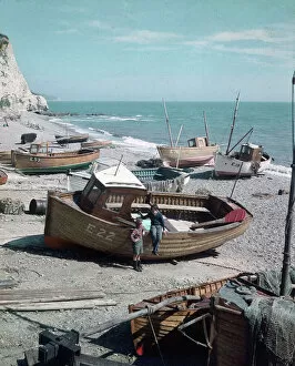 Fishing boats on the shingle beach at Beer, East Devon