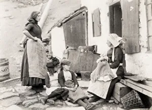 Lifestyle Prints: Fishing family outside their cottage, Staithes, Yorkshire